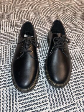 Dr. Martens Black Leather 3-Eye Derby Shoes with Yellow Stitching